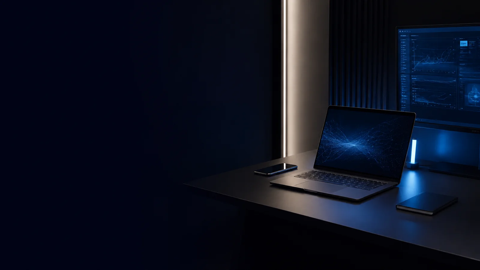 Escena conceptual de un espacio tecnológico compacto y ordenado, con portátil, teléfono y panel de sistemas.