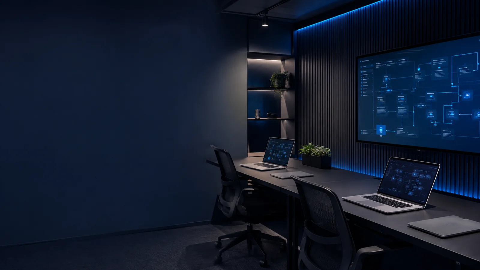 Escena conceptual de un estudio tecnológico pequeño, limpio y colaborativo con estaciones de trabajo conectadas.